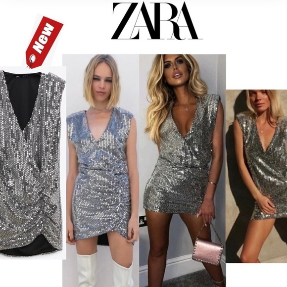 ZARA Drapped Wrap Silver a neck Sequin Shoulder Padded Deess - Picture 6 of 9